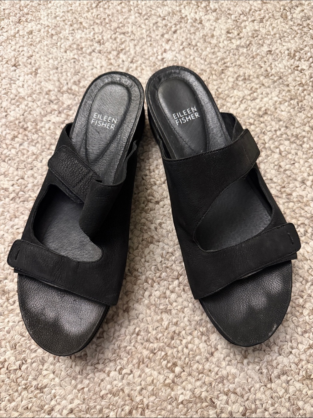 Eileen Fisher Black Leather Slide Sandals with Adjustable Straps